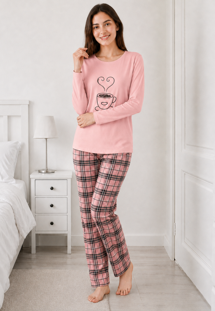 Pijama damă Serena cu bluză cu maneca lunga și pantaloni lung -Roz,Engros
